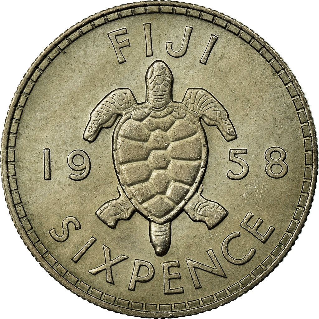 Fiji | 6 Pence Mynt | Drottning Elizabeth II | Havssköldpadda | KM19 | 1953 - 1967