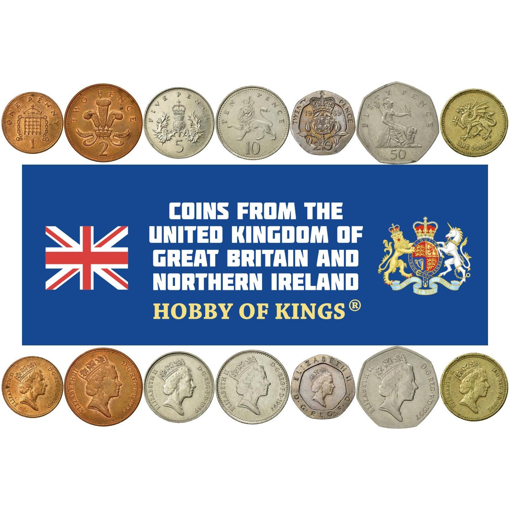 United Kingdom | 7 Coin Set | 1 Penny 2 5 10 20 50 Pence 1 Pound | 1985 - 1997