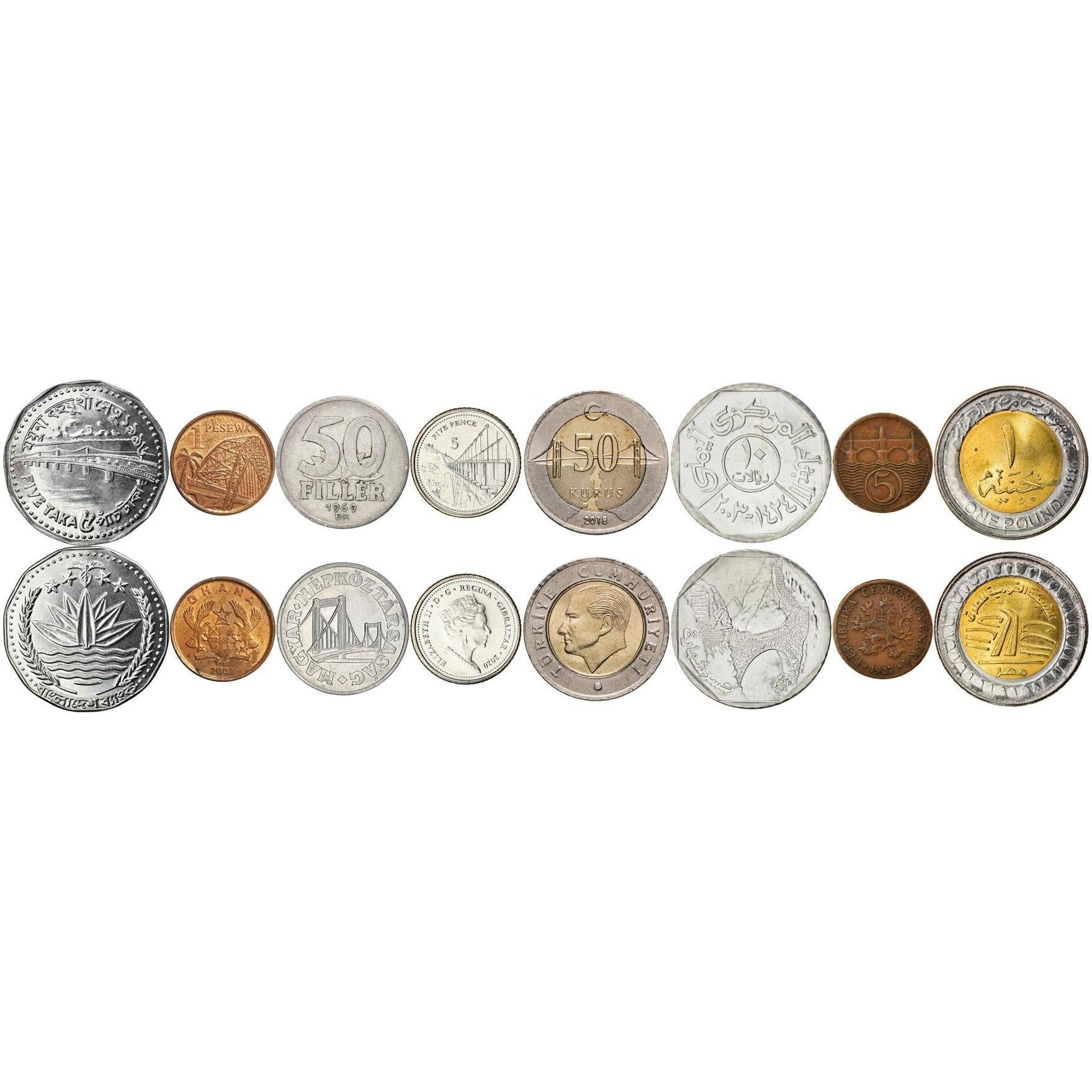 8 Coin Set | Coins with Bridges | Featuring Elisabeth, Charles, Bosphorus, Jamuna, and Shaharah Bridge | Global Numismatic Collection