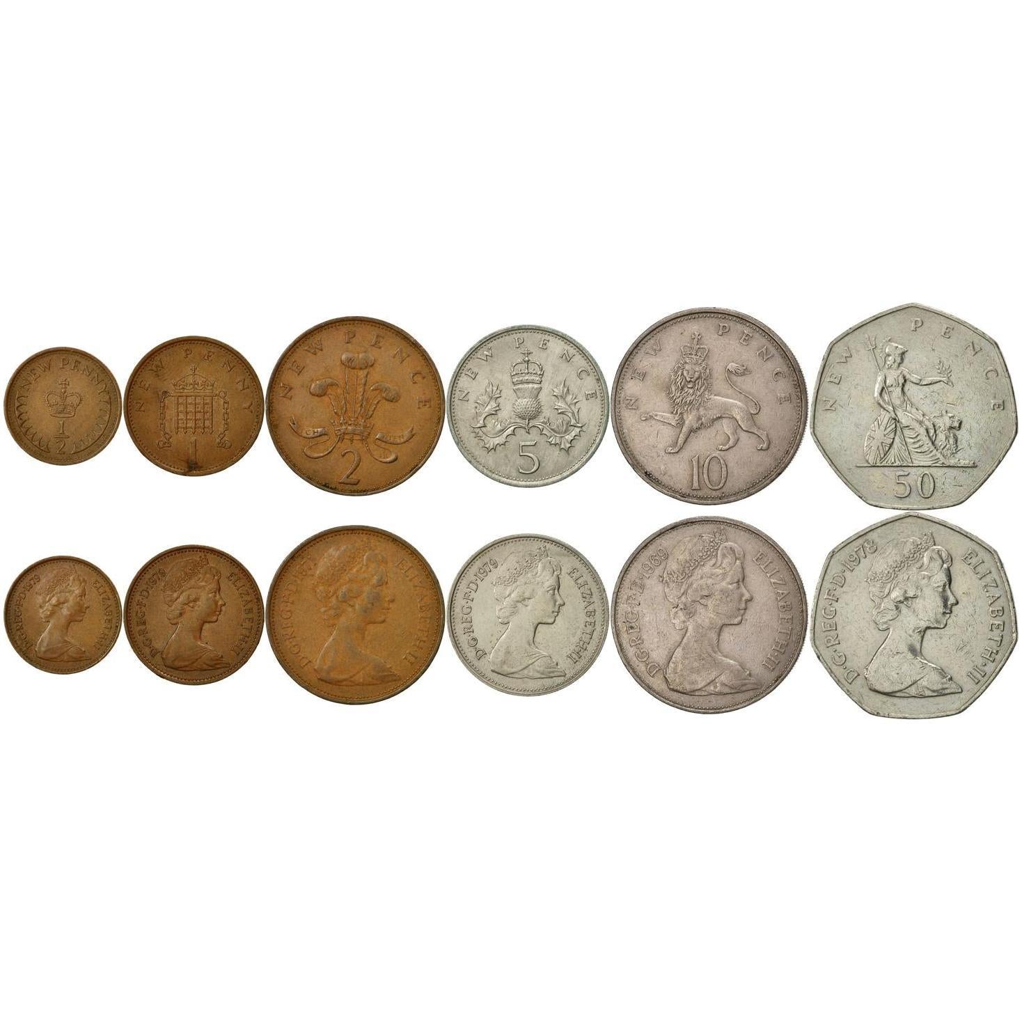 United Kingdom | 6 Coin Set | 1/2 New 1 New Penny 2 New 5 New 10 New 50 New Pence | 1968 - 1981