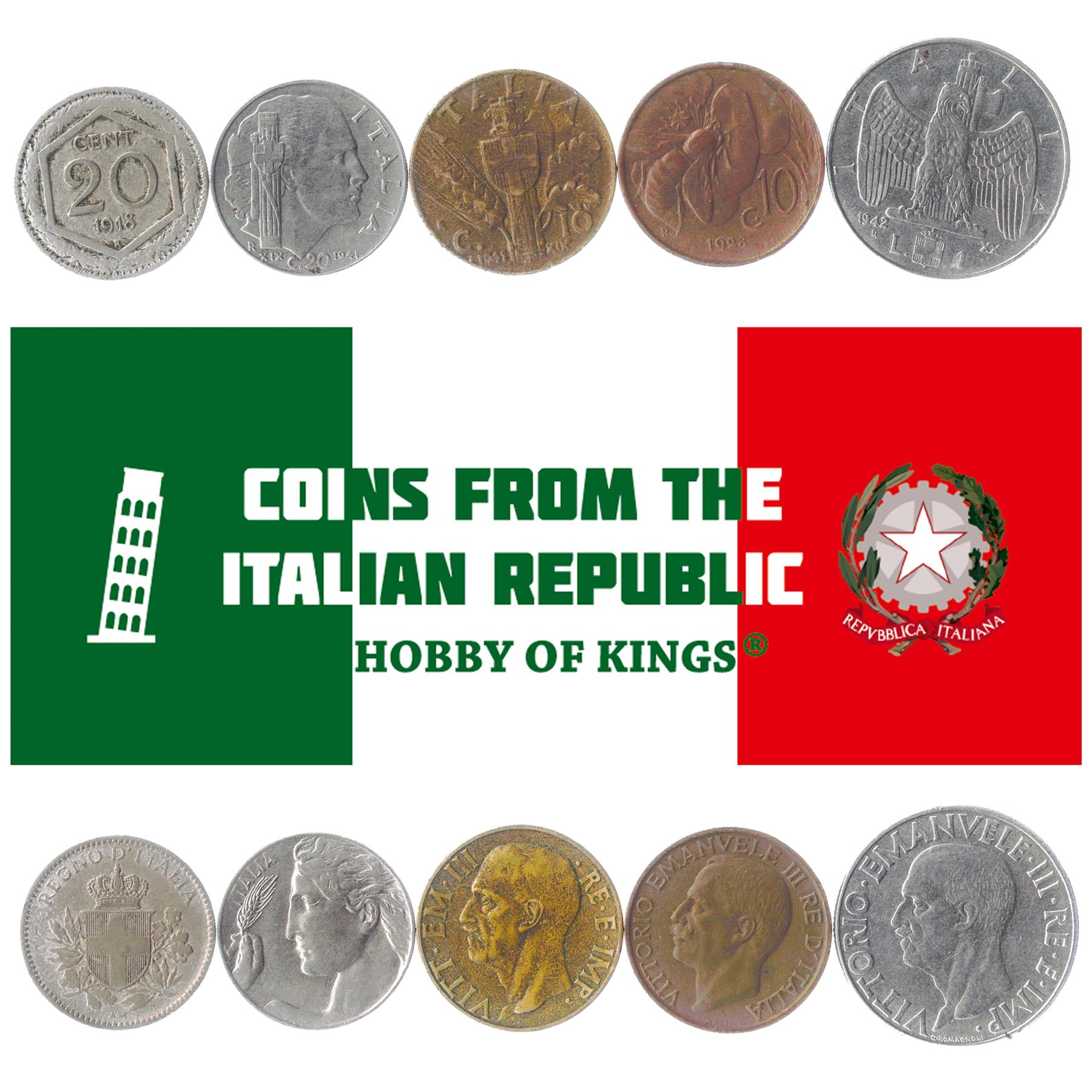 5 Old Coins From Italy 1900-1950 King Vittorio Emanuele Iii Repubblica Italiana
