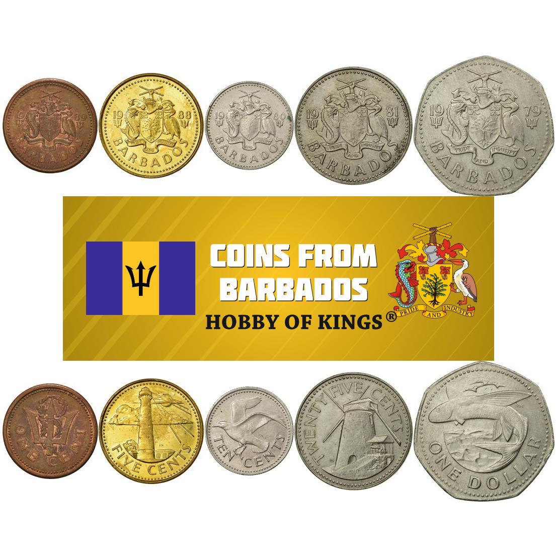 Barbados | Set de 5 Monedas | 1 Centavo 5 10 25 Centavos 1 Dólar | Tridente | Faro | Gaviota | Molino de viento | Pez volador | 1973 - 2007