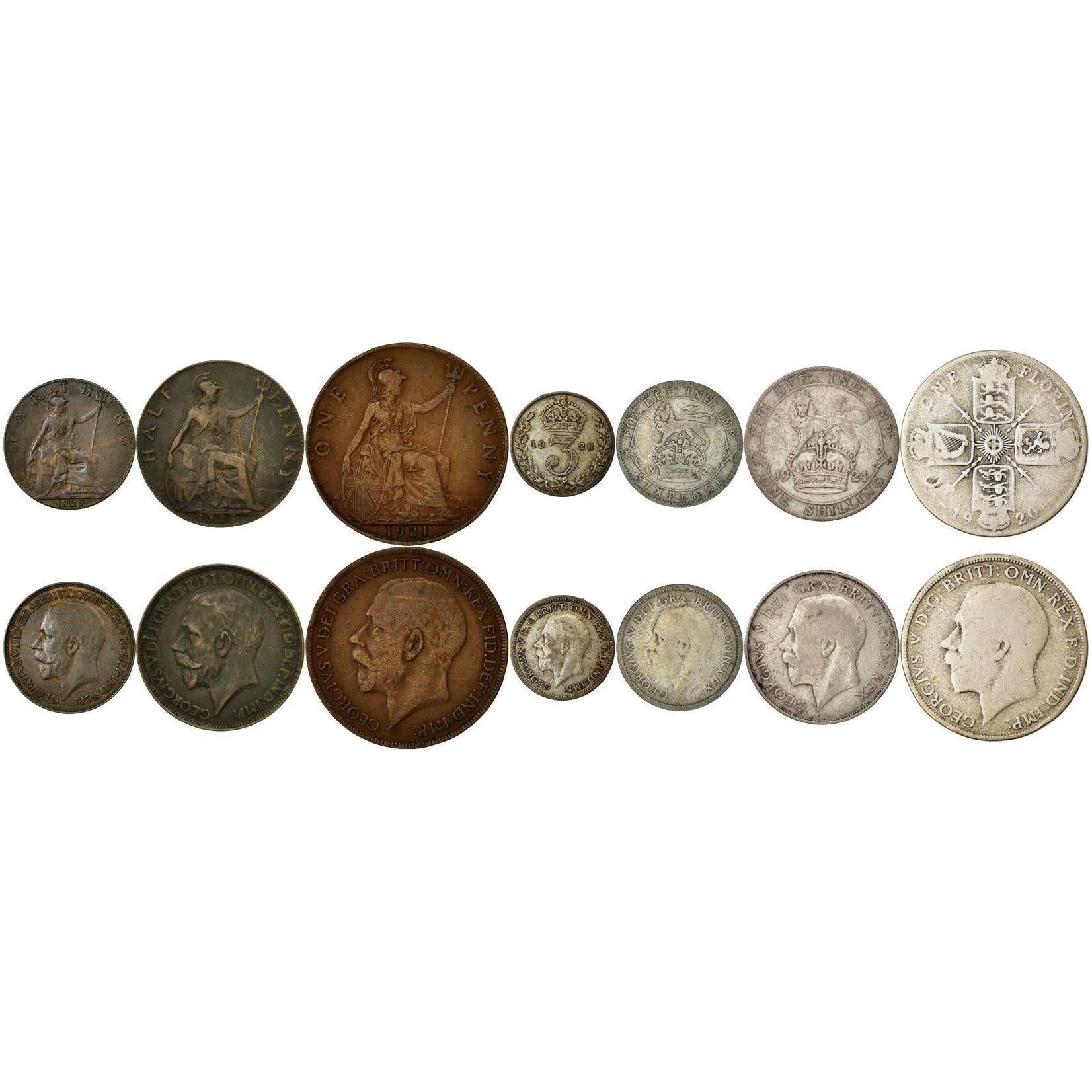 United Kingdom | 7 Coin Set | 1 Farthing 1/2 1 Penny 3 6 Pence 1 Shilling 1 Florin | 1920 - 1927