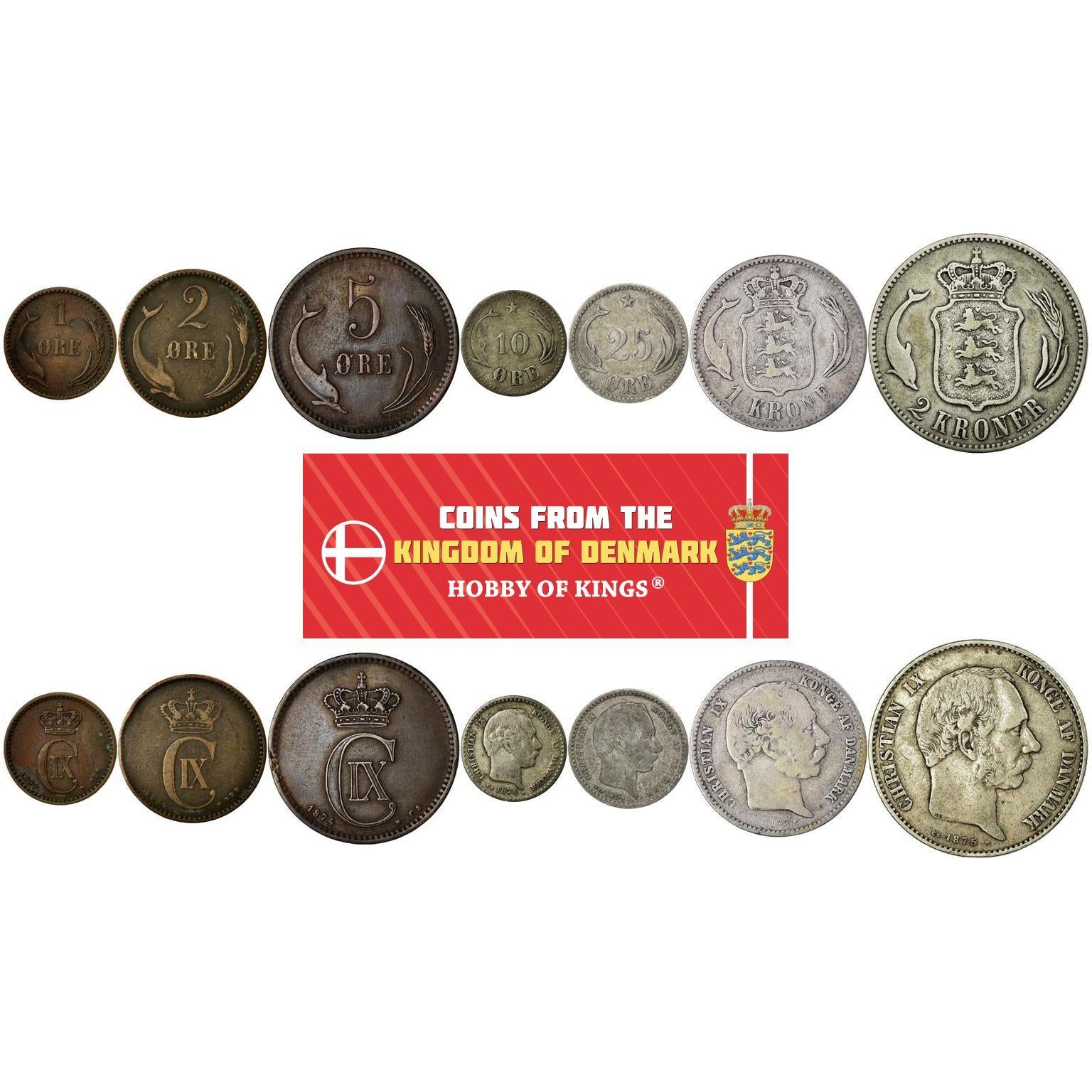 Denmark | 7 Coin Set | 1 2 5 10 25 Ore 1 Krone 2 Kroner | 1874 - 1906