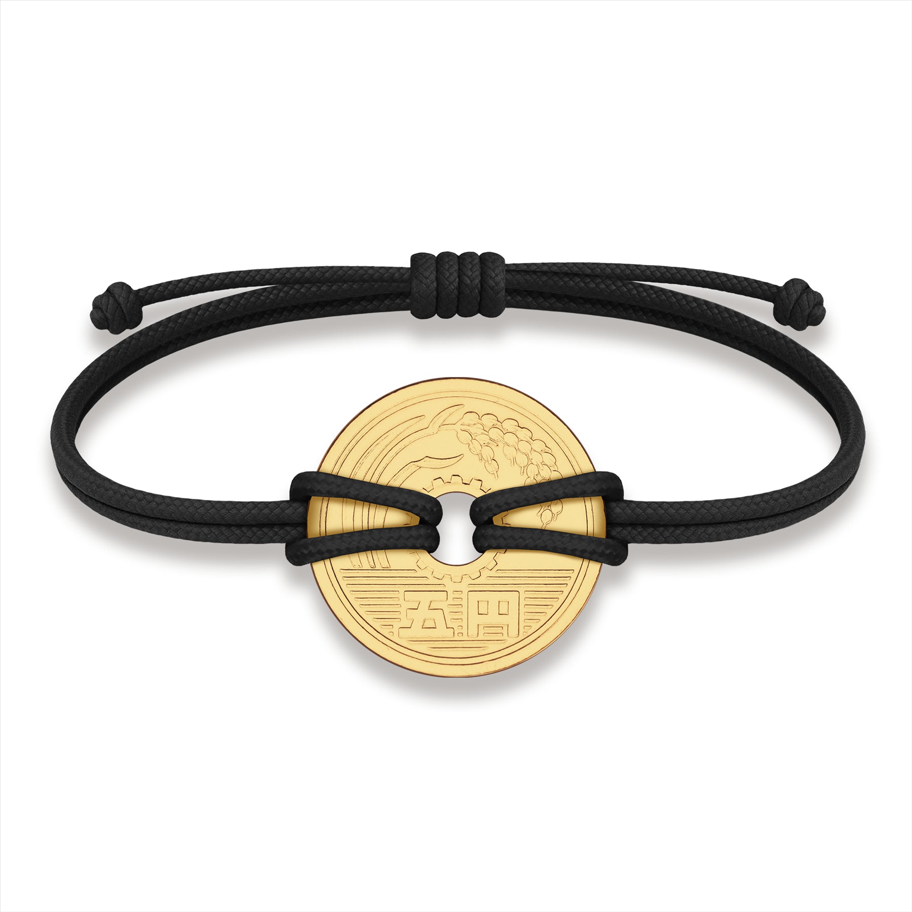 Good Luck Coin Bracelet | Black String Thread Wristband | Japan Coin 5 Yen | 18k Gold Plated Fortune Wealth & Protection