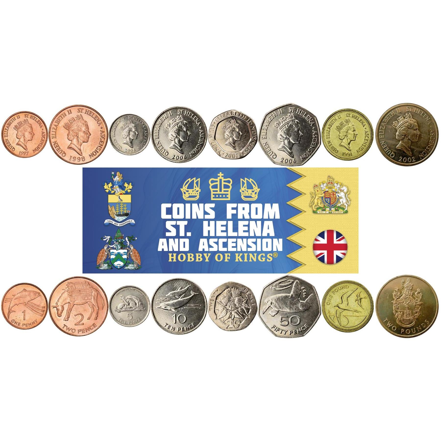 Sant'Elena e Ascensione, Sant'Elena e Ascensione | Set da 8 monete | 1 Penny 2 5 10 20 50 Pence 1 Sterlina 2 Sterline | 1991 - 2022