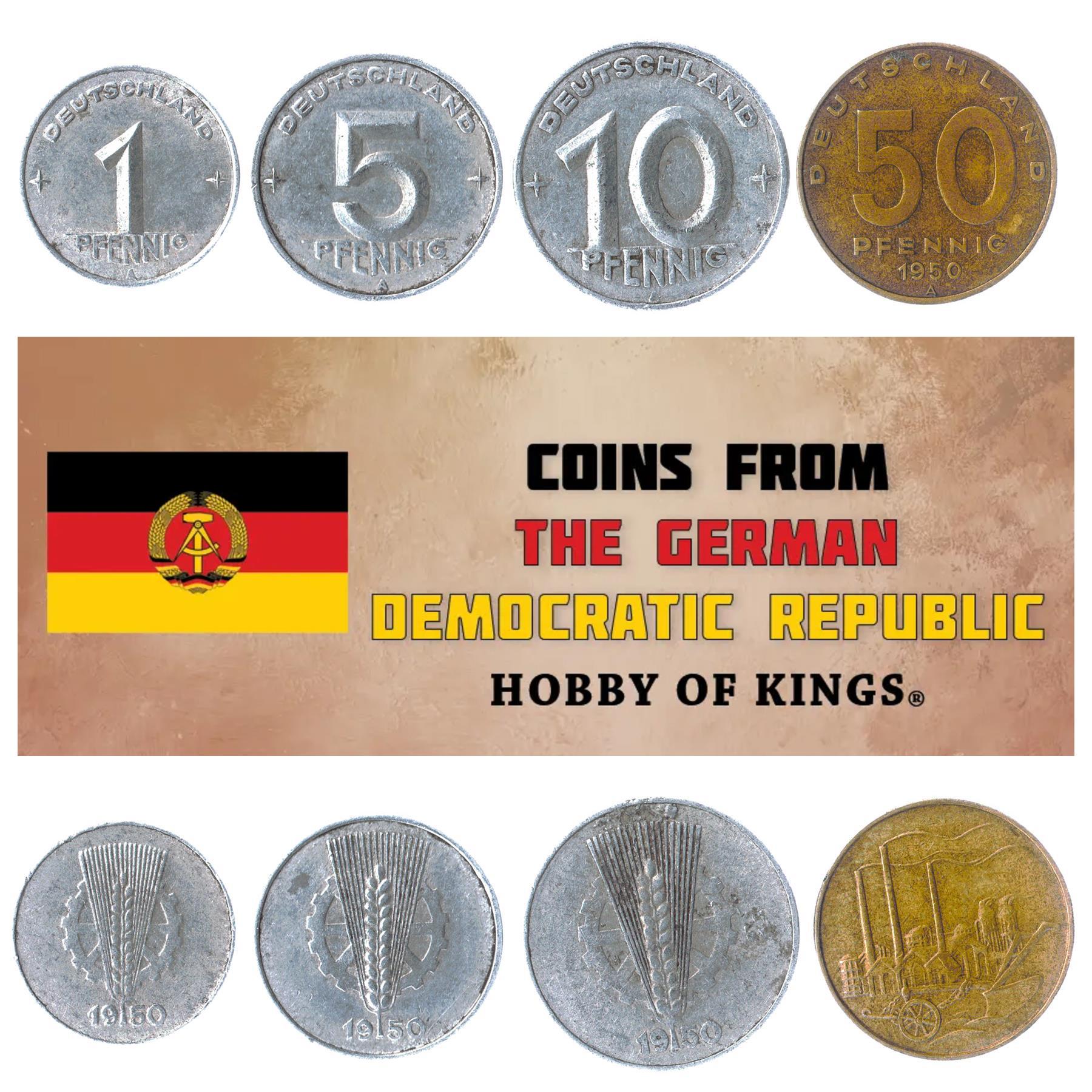 German Democratic Republic 4 Coin Set 1 5 10 50 Pfennig | Wheat Ear | Factory | Toothed Wheel | Plowcart | German Democratic Republic | 1948 - 1950