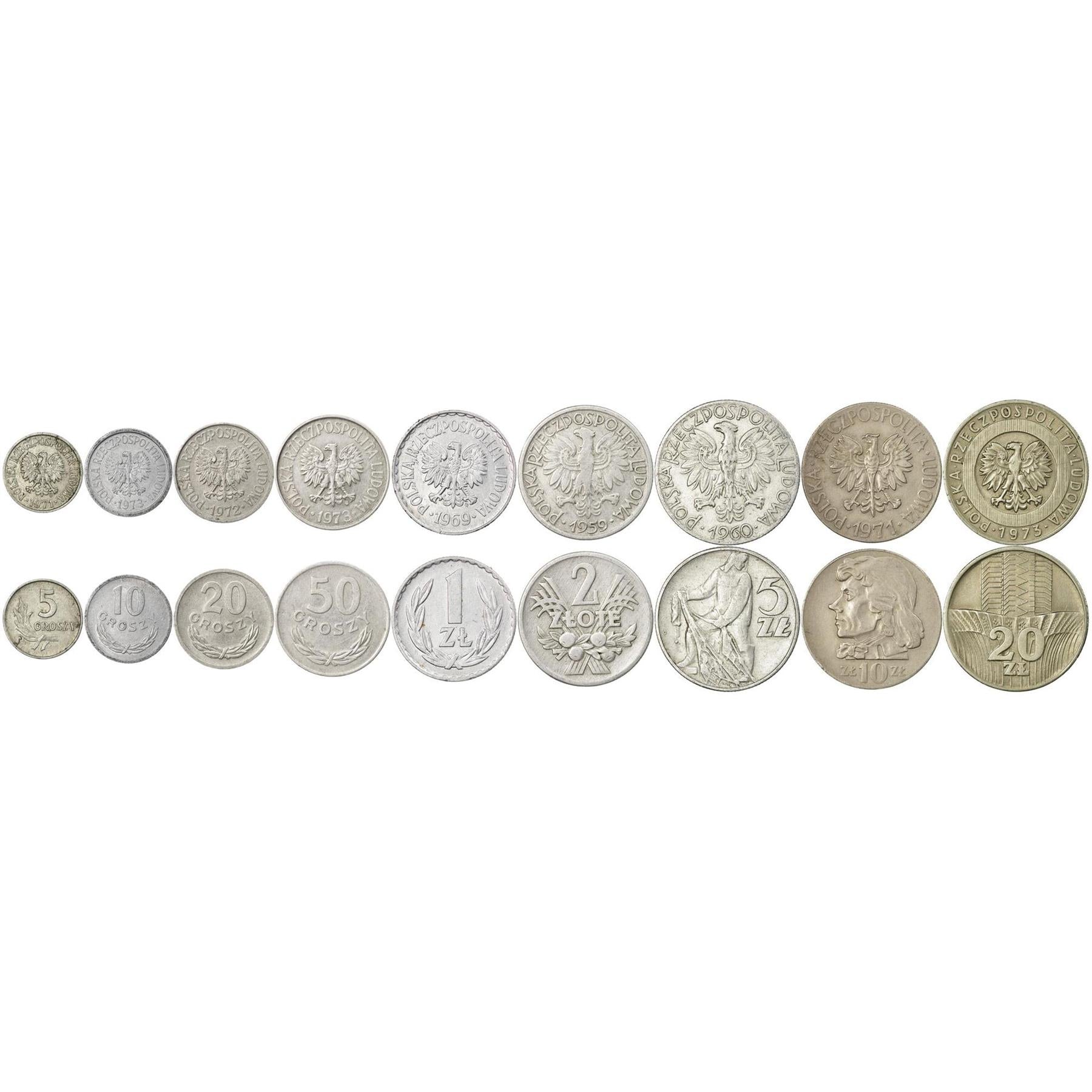 Poland | 9 Coin Set | 5 10 20 50 Groszy 1 Zloty 2 5 10 20 Zlotys | 1957 - 1974