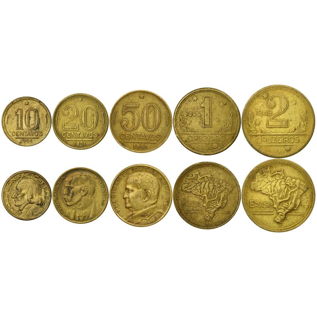 Brazil | 5 Coin Set | 10 20 50 Centavos 1 Cruzeiro 2 Cruzeiros | 1942 - 1956