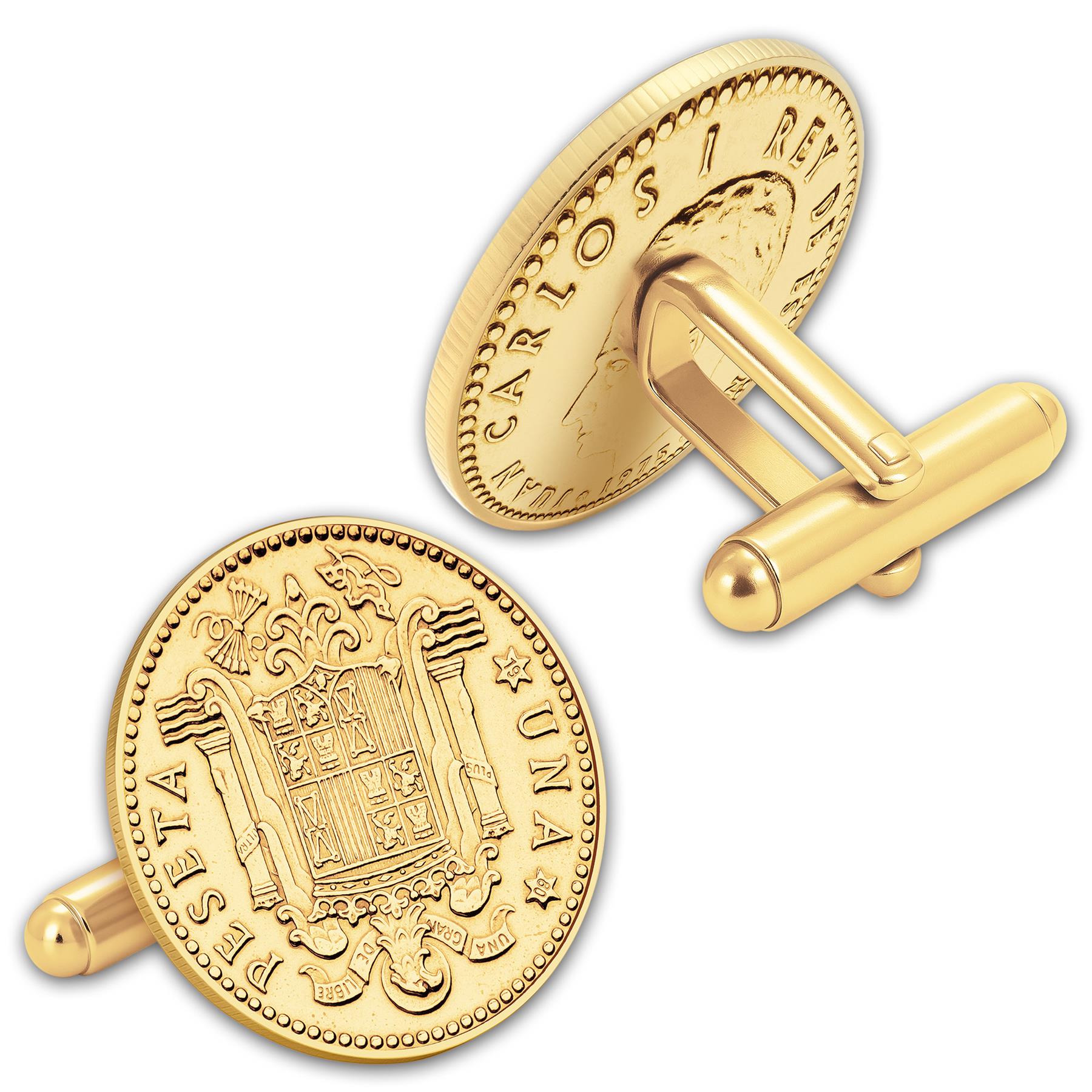 Gold Plated Spanish 1 Peseta Coin Cufflinks | King Juan Carlos I | Vintage Spain Gift