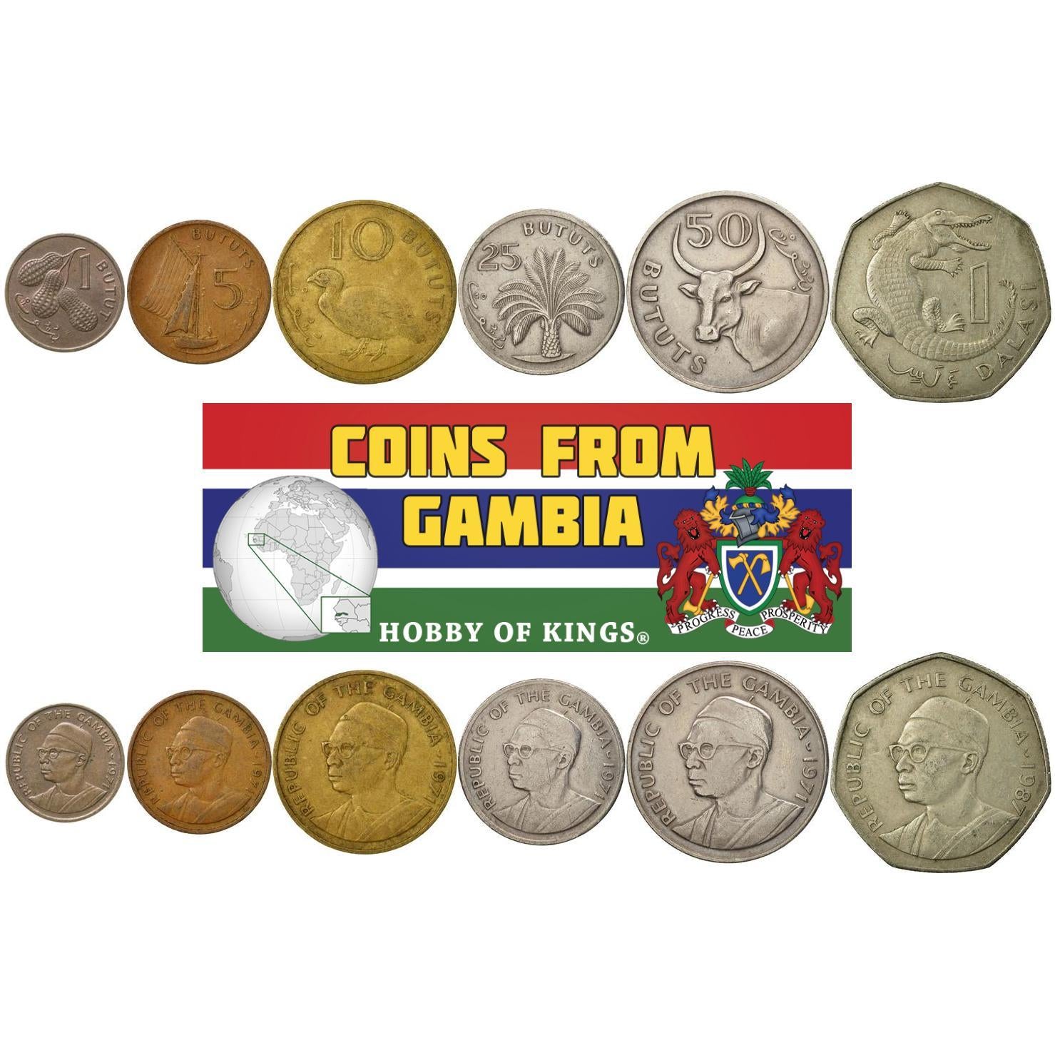 The Gambia | 6 Coin Set | 1 Butut 5 10 25 50 Bututs 1 Dalasi | 1971 - 1987