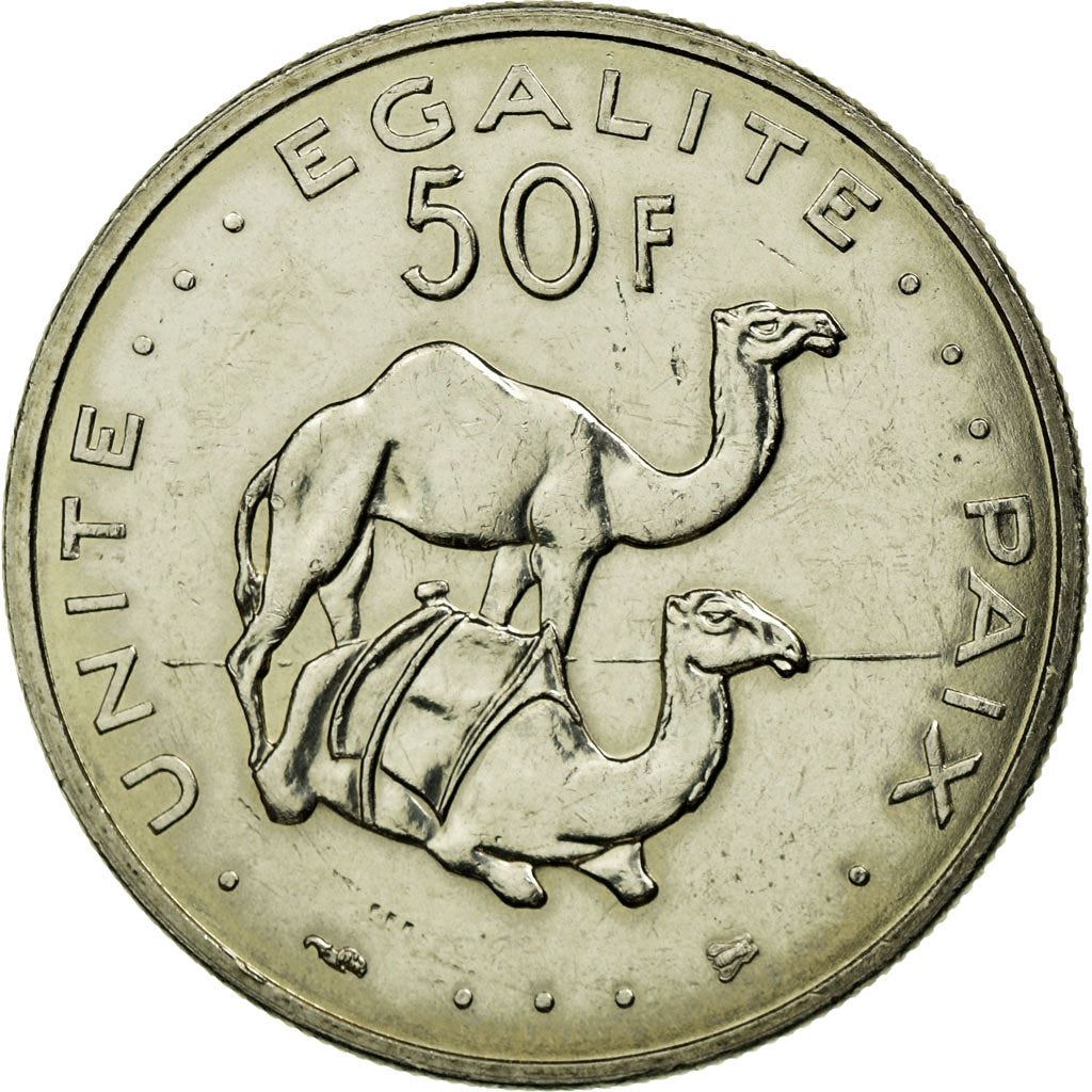 Djibouti | 50 Francs Coin | Knife | Spear | Shield | Dromedary Camels | Km:25 | 1977 - 2017