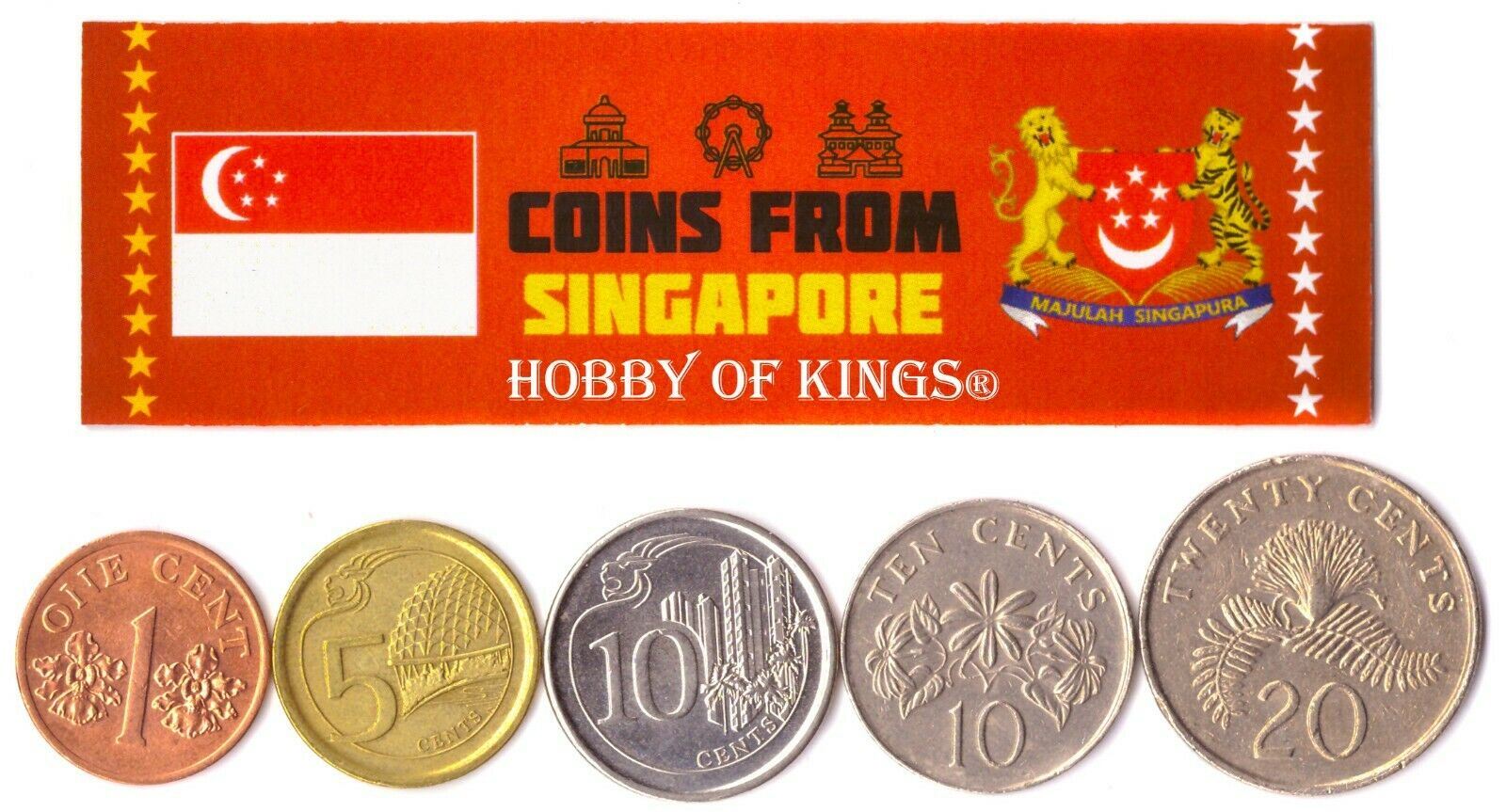 5 Mixed Coins From Singapore | 1 - 50 Cents | 1967 - 2018