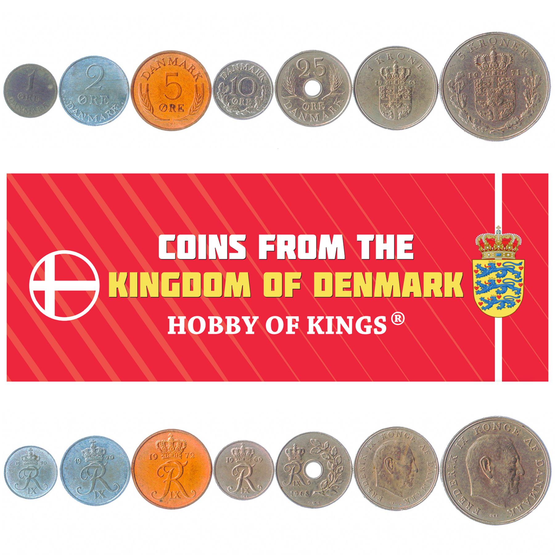 Denmark | 7 Coin Set | 1 2 5 10 25 Ore 1 Krone 5 Kroner | 1960 - 1972