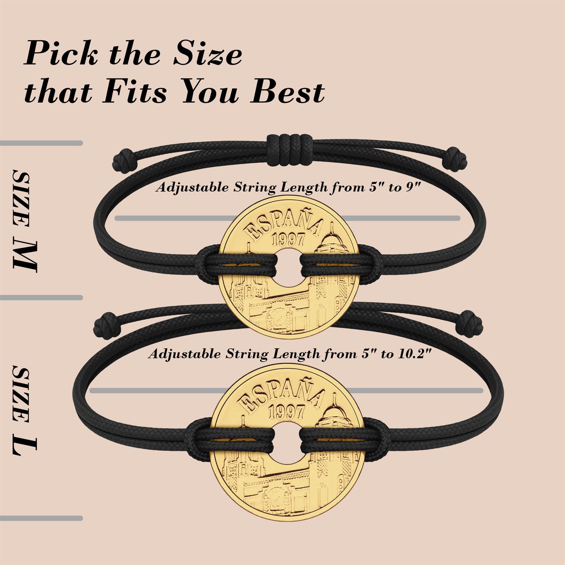 Good Luck Coin Bracelet | Black String Thread Wristband | Spain 25 Pesetas | 18k Gold Plated Fortune Wealth & Protection