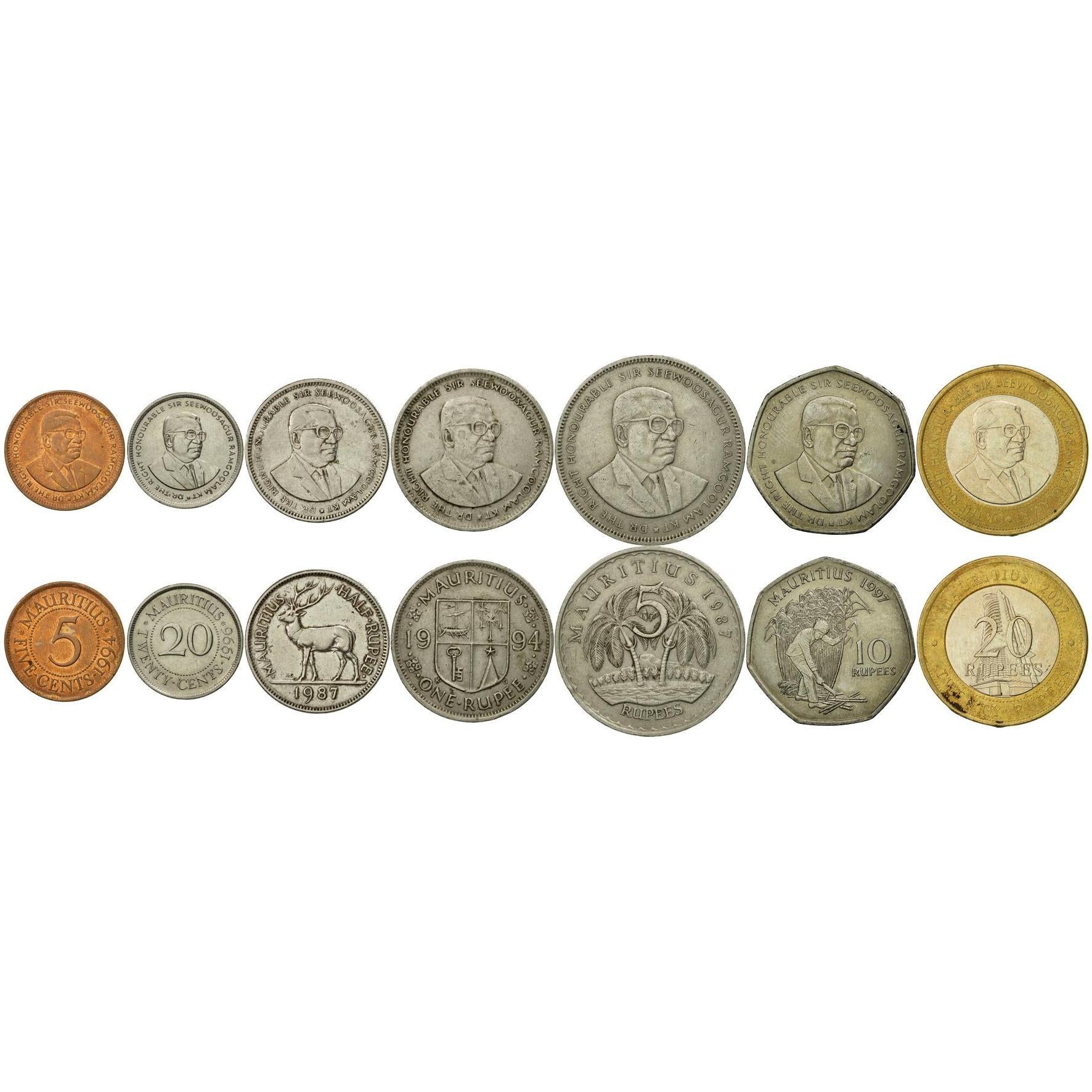 Mauritius | 7 Münzsatz | 5 20 Cent 1/2 1 Rupie 5 10 20 Rupien | 1987 - 2010
