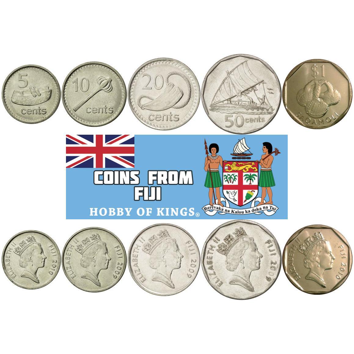 Fijian 5 Coin Set 5 10 20 50 Cents 1 Dollar | Elizabeth II | Canoe | Fijian drum | Throwing club | Sperm whale tooth | Saqa Moli | 2009 - 2010