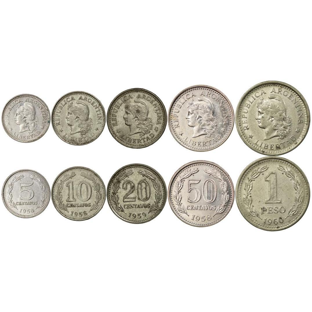 Argentine 5 Coin Set 5 10 20 50 Centavos 1 Peso | Marianne | Phrygian Cap | 1957 - 1962
