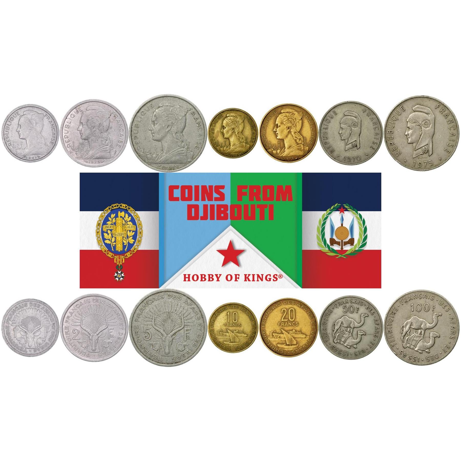 Afars and Issas | 7 Coin Set | 1 Franc 2 5 10 20 50 100 Francs | 1968 - 1975