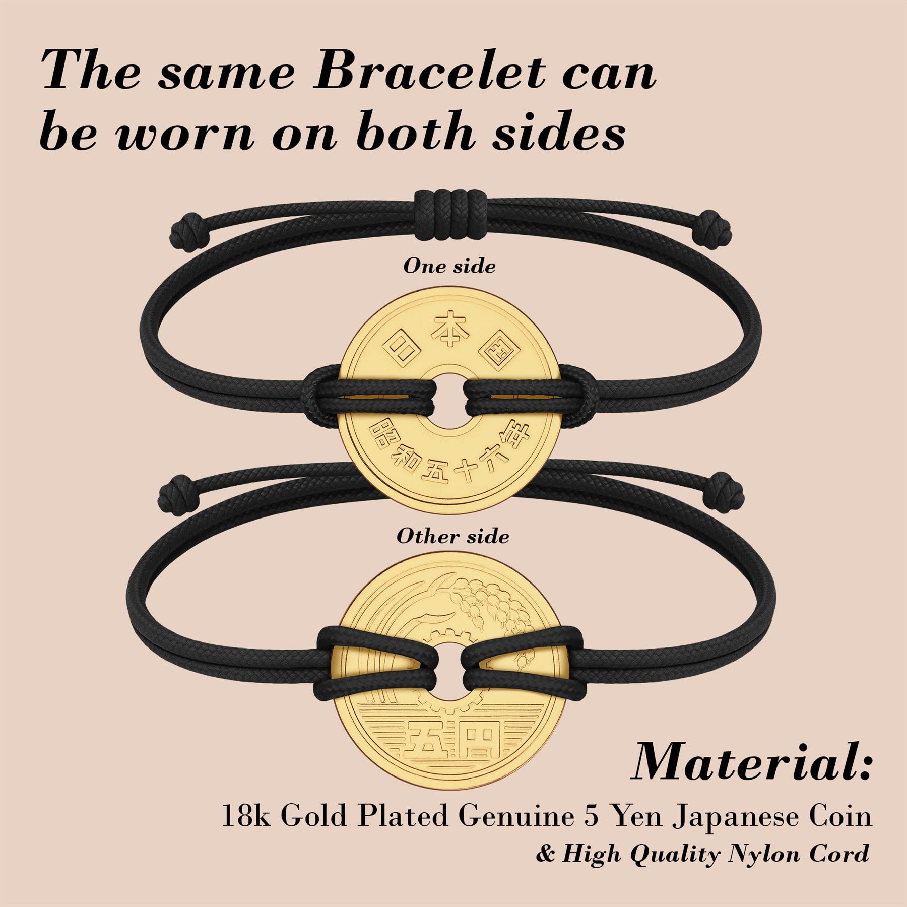 Good Luck Coin Bracelet | Black String Thread Wristband | Japan Coin 5 Yen | 18k Gold Plated Fortune Wealth & Protection