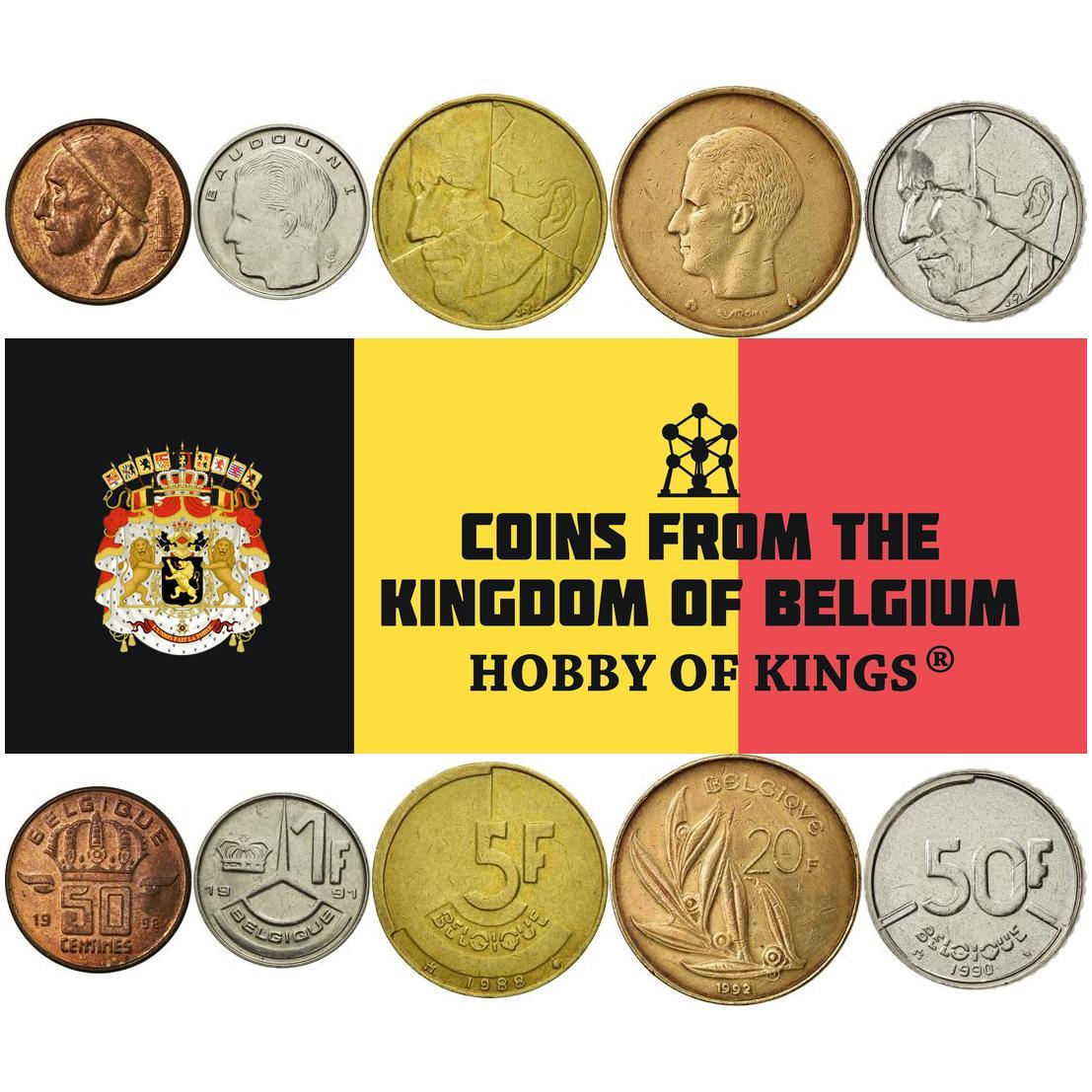 Belgium | 5 Coin Set | 50 Centimes 1 Franc 5 20 50 Francs | 1980 - 1993