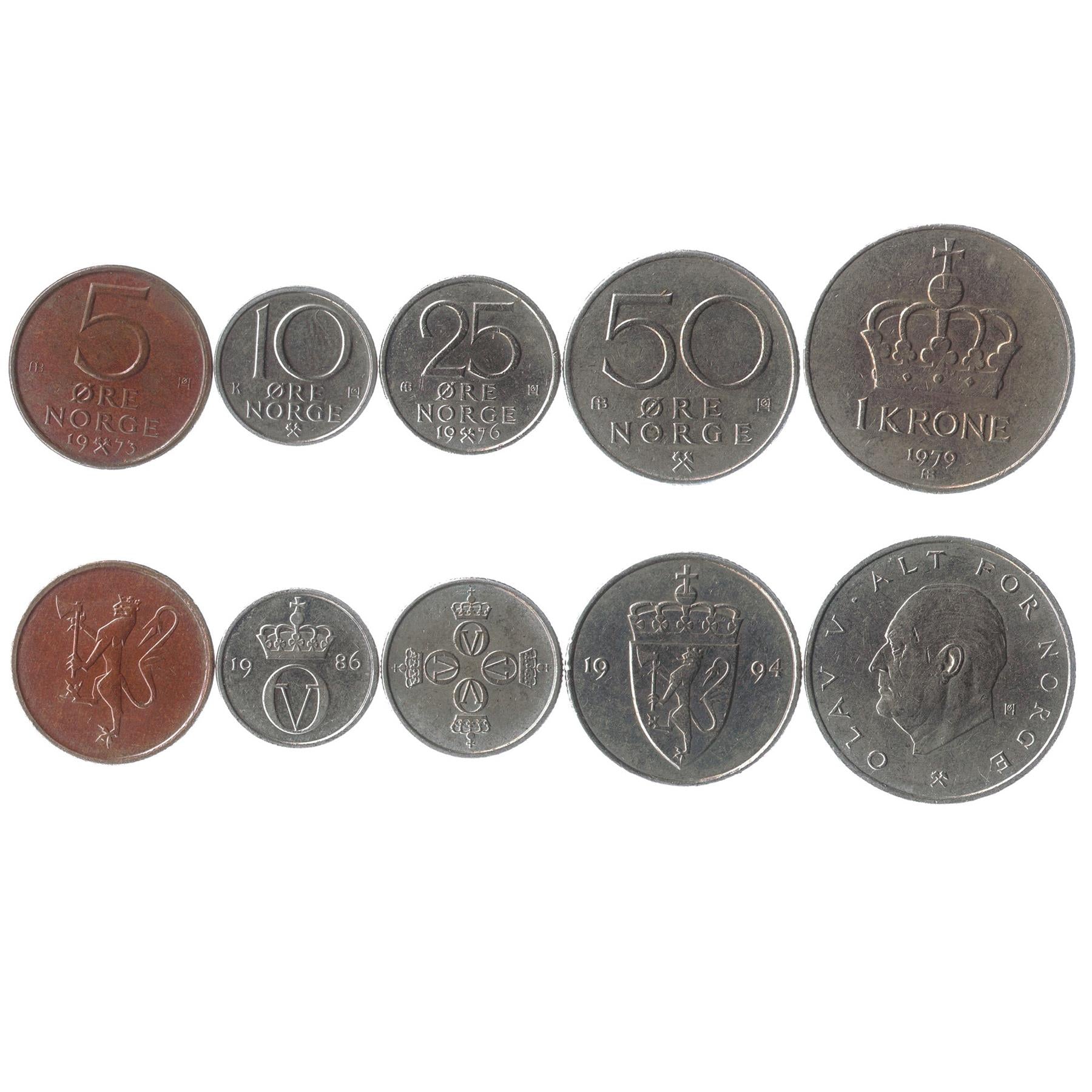 Norwegian 5 Coin Set 5 10 25 50 Ore 1 Krone | King Olav V | Norway | 1973 - 1991