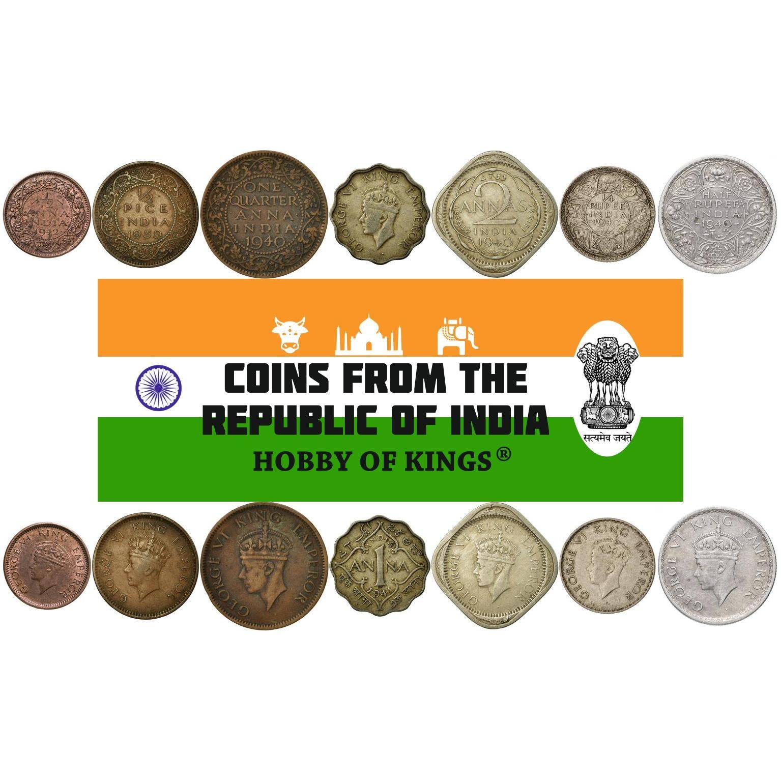 India - British | 7 Coin Set | 1/12 1/4 1 Anna 1/2 Pice 2 Annas 1/4 1/2 Rupee | 1938 - 1942