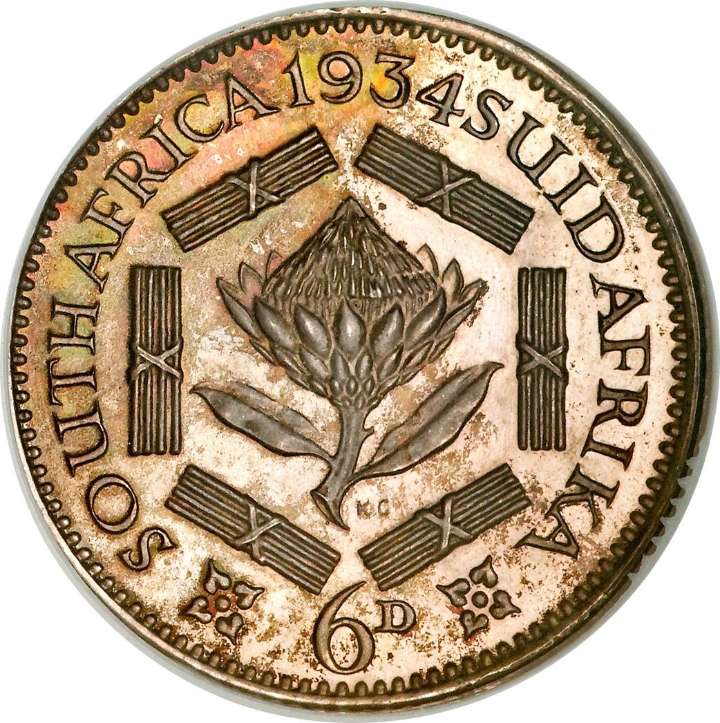 South Africa | 6 Pence Coin | George V | Flowers | Protea | Km:16.2 | 1931 - 1936