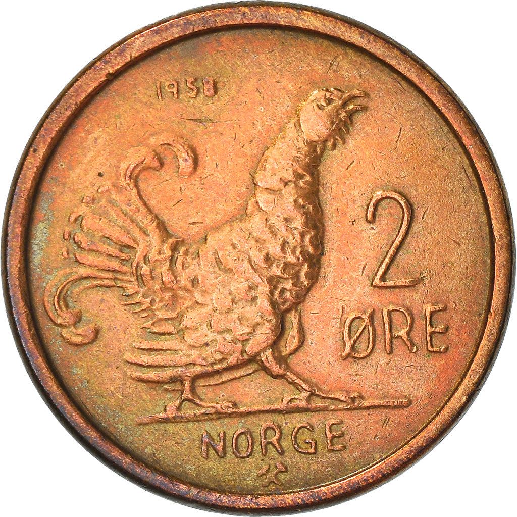 Norway | 2 Ore Coin | Crown | Monogram | Black Grouse Bird | Km:404 | 1958
