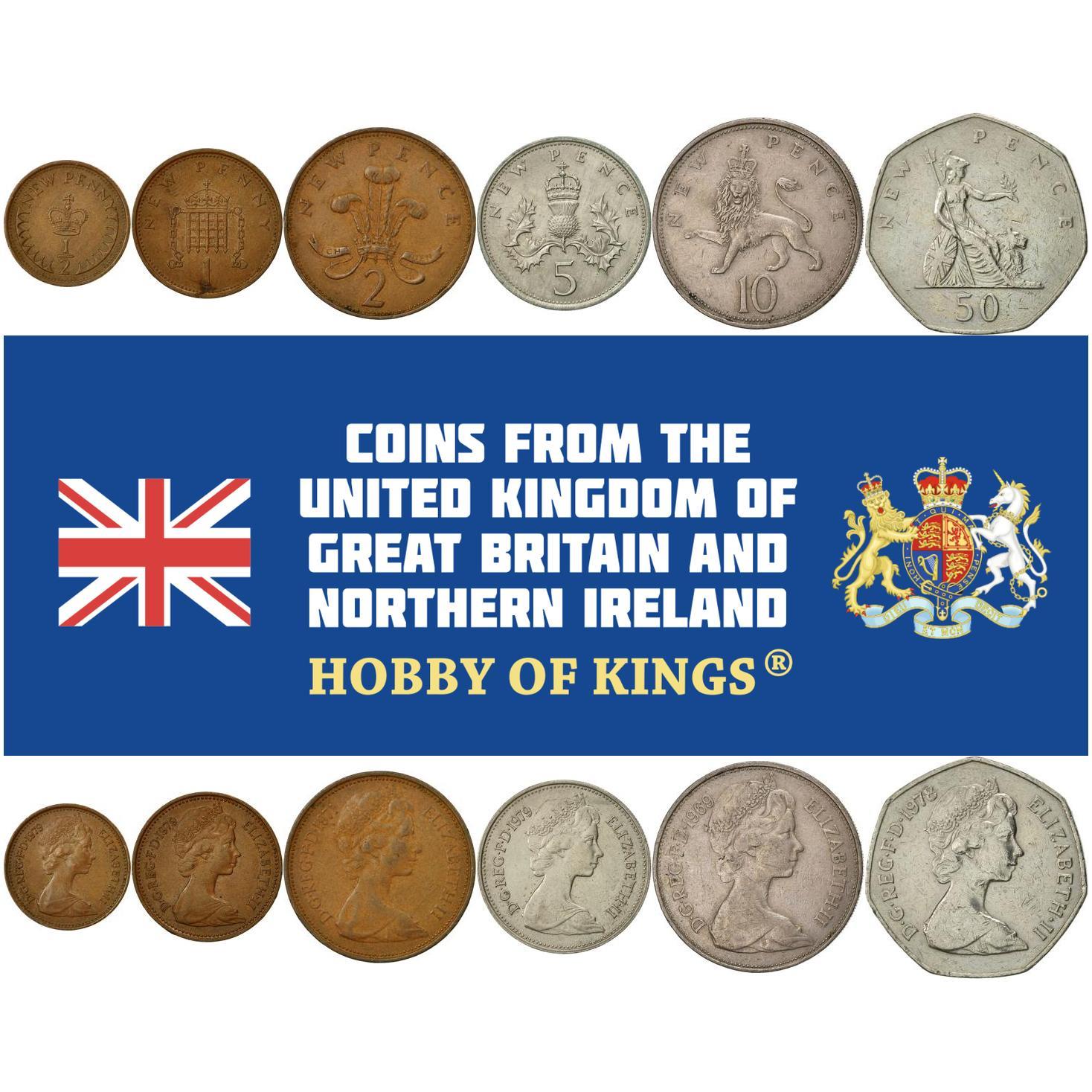 United Kingdom | 6 Coin Set | 1/2 New 1 New Penny 2 New 5 New 10 New 50 New Pence | 1968 - 1981
