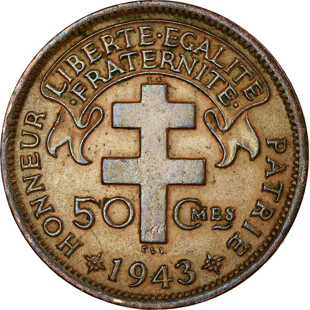 French Cameroon | 50 Centimes Coin | Rooster | Lorraine Cross | Km:4 | 1943