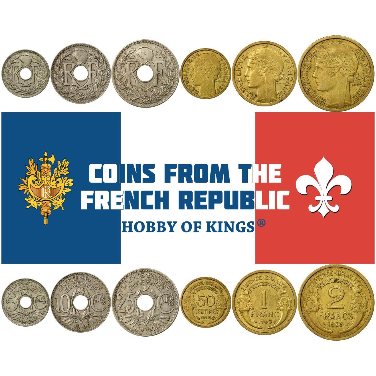 France | 6 Coin Set | 5 10 25 50 Centimes 1 Franc 2 Francs | Phrygian cap | Marianne | 1931 - 1941