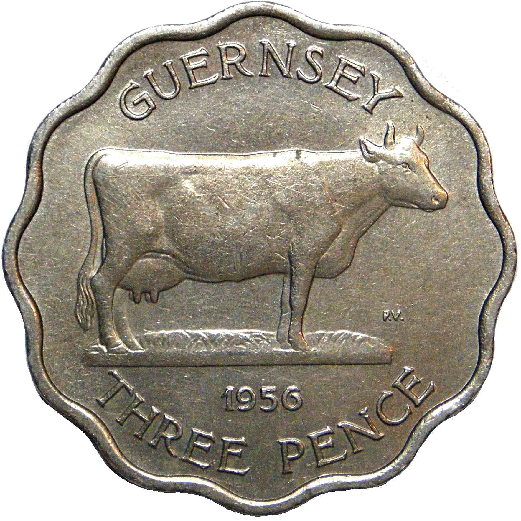 Pièce de 3 pence de Guernesey | Reine Elizabeth II | Bétail de Guernesey | KM17 | 1956