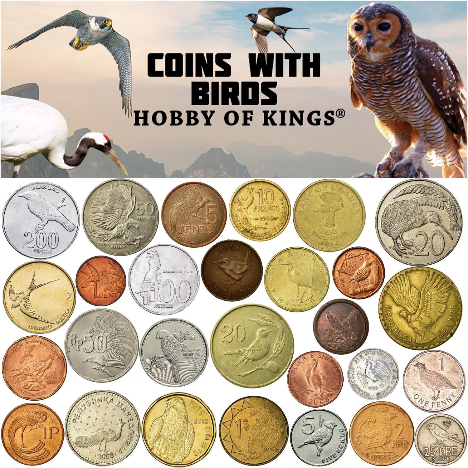 Coins With Feathered Birds | Many Species | Parrots Hawks Roosters Eagles Warblers