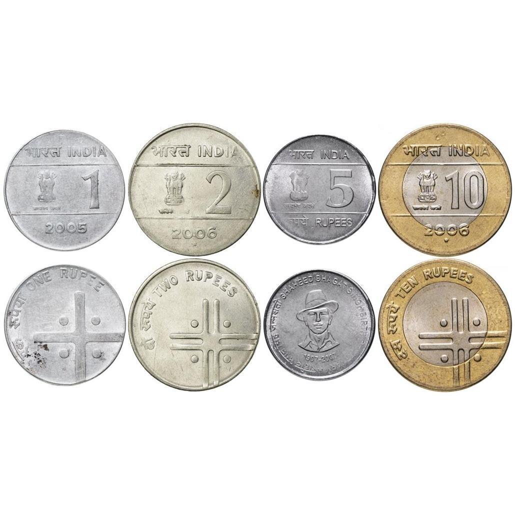 Indija | 4 monetų rinkinys | 1 rupija 2 5 10 rupijų | 2004 - 2007