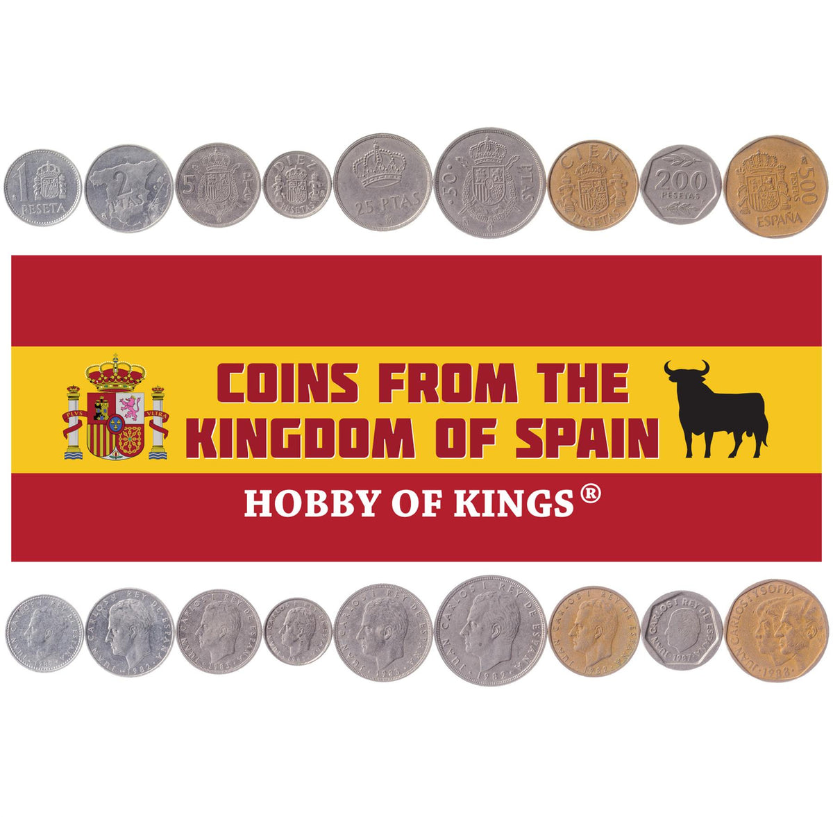 Spain | 9 Coin Set | 1 Peseta 2 5 10 25 50 100 200 500 Pesetas | 1982 - 1990