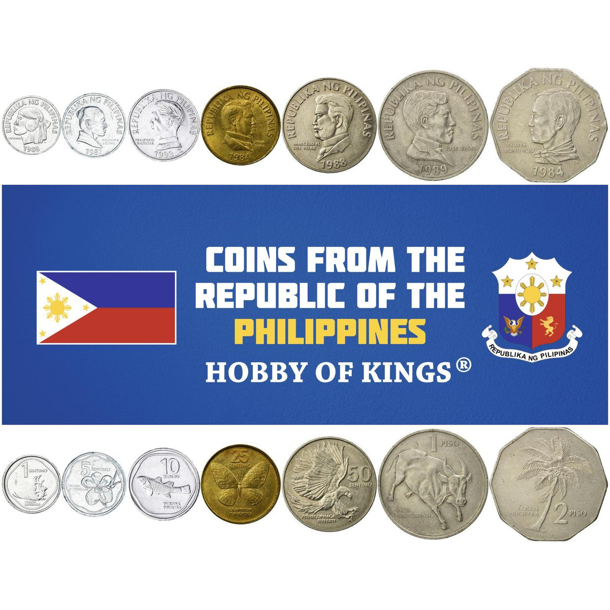 Set 7 Coins Philippines 1 5 10 25 50 Sentimos 1 2 Peso 1983 - 1994