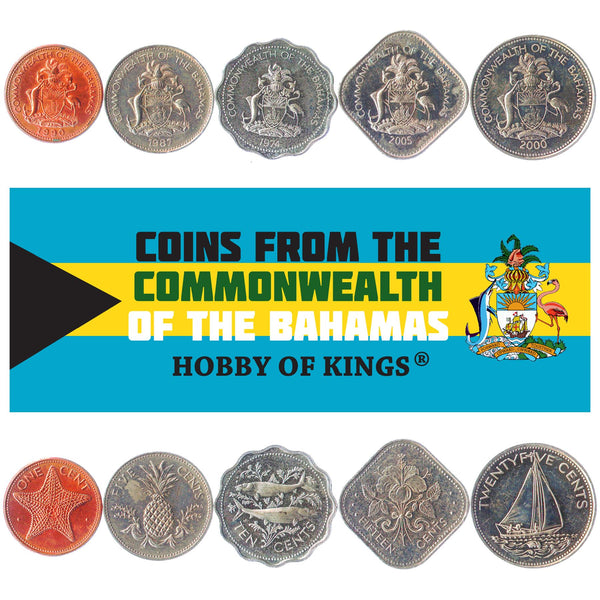 Conjunto de 5 Moedas das Bahamas 1 5 10 25 15 Cêntimos | Ananás | Peix