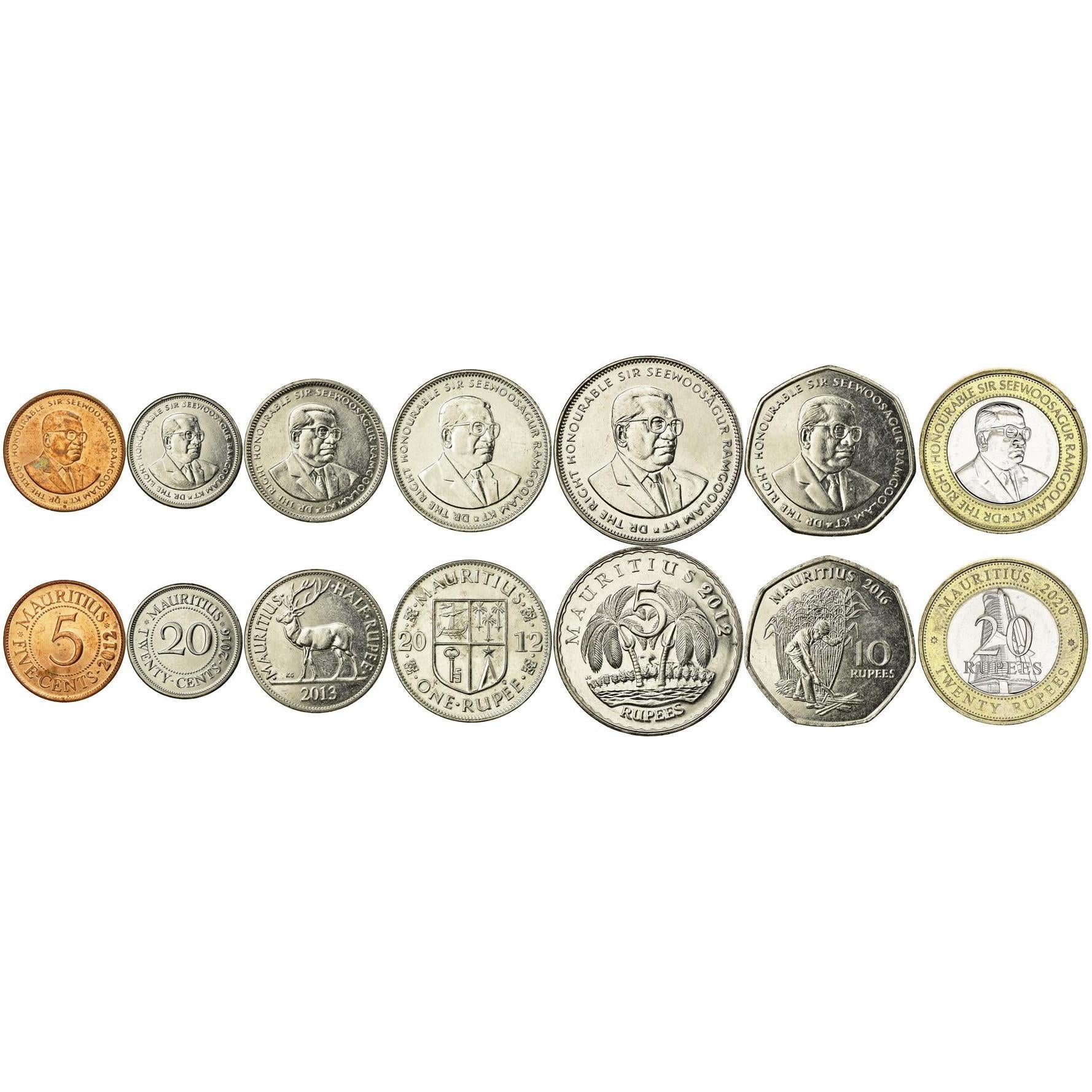 Mauritius | 7 Coin Set | 5 20 Cents 1/2 1 Rupee 5 10 20 Rupees | 2012 - 2023