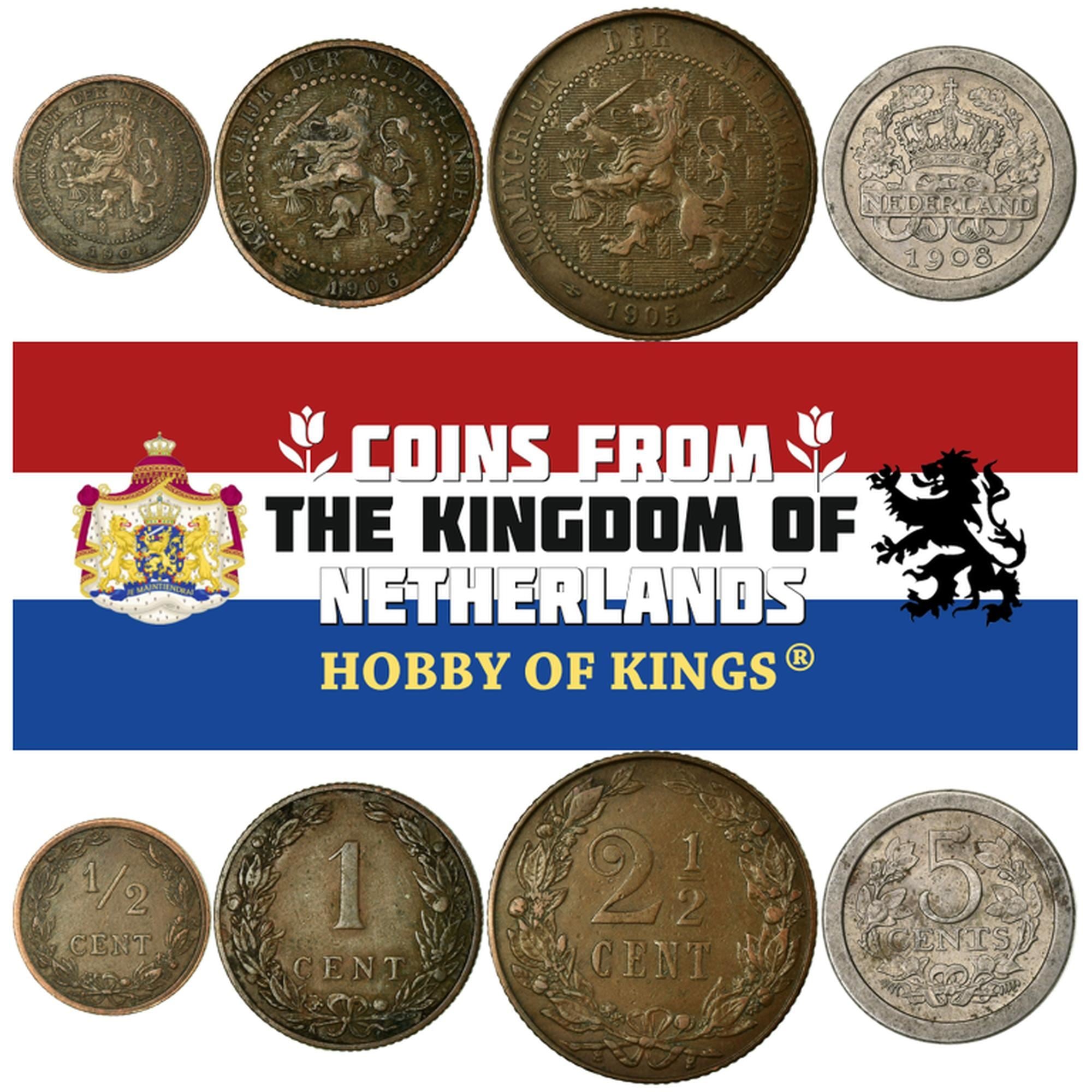 Netherlands | 4 Coin Set | ½ 1 Cent 2½ 5 Cents | 1902 - 1909 | Bronze, Copper-nickel