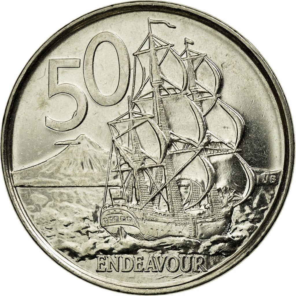 New Zealander 50 Cents Coin | Queen Elizabeth II | Captain James Cook | HMS Endeavour | KM119a | 2006 - 2021