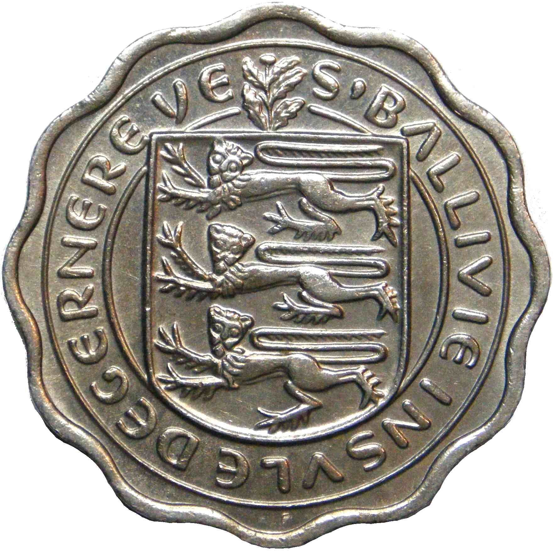 Pièce de 3 pence de Guernesey | Reine Elizabeth II | Bétail de Guernesey | KM17 | 1956