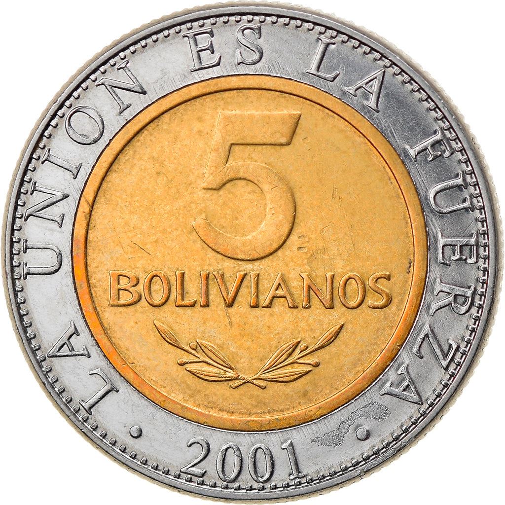 Bolivia | 5 Bolivianos Coin | Bimetallic | Coat of Arms | KM:212 | 2001-2004
