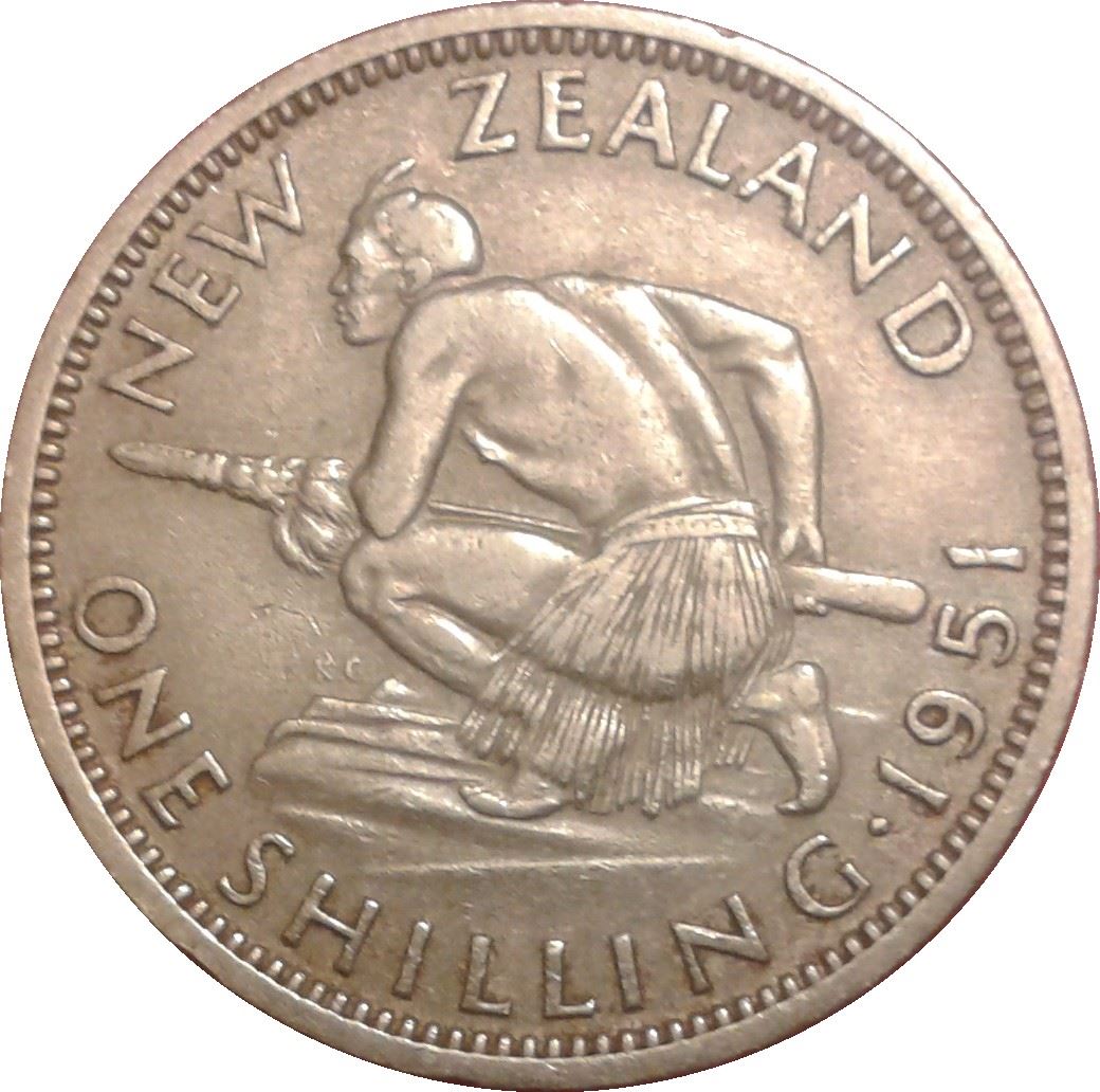 New Zealand Coin New Zealander 1 Shilling | King George VI | Maori Warrior | Taiaha | KM17 | 1948 - 1952