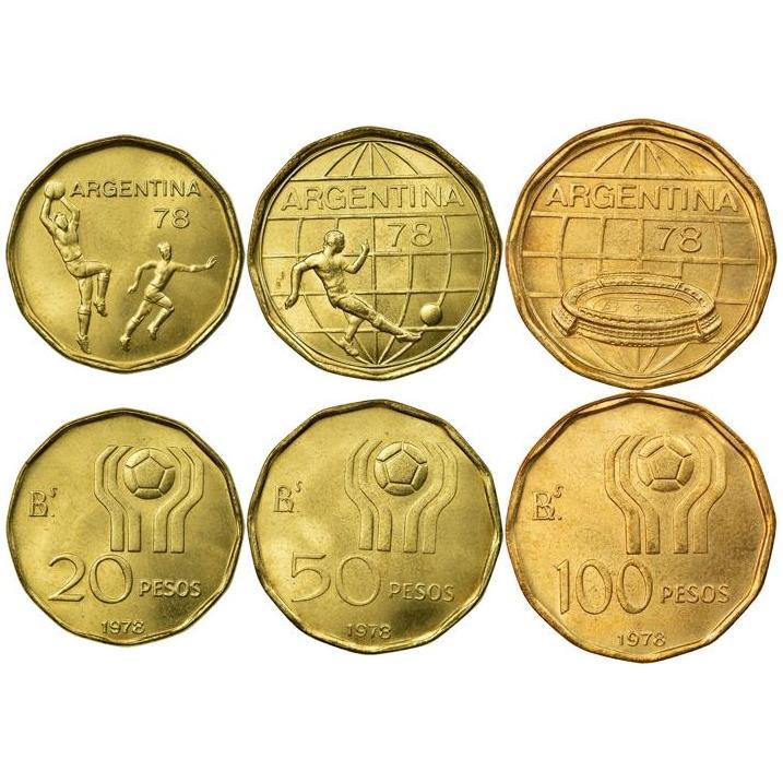 Argentine 3 Coin Set 20 50 100 Pesos | Globe Stadium | Soccer Players | 1978 FIFA World Cup | Soccer Ball | 1977 - 1978