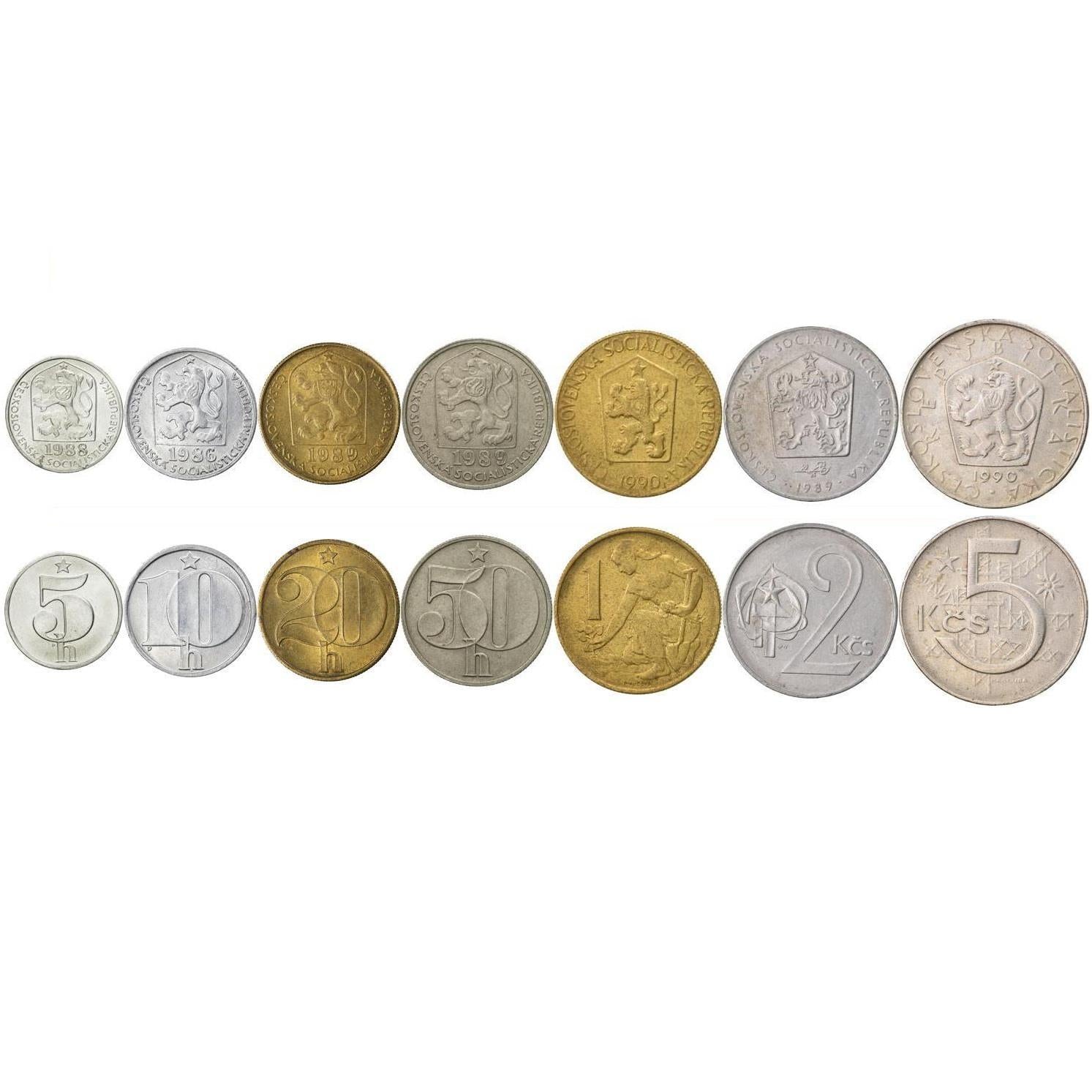 Czechoslovakia | 7 Coin Set | 5 10 20 50 Hellers 1 2 Koruna 5 Korun | Czechoslovak Lion | Linden Sprig | Planter | Hammer and Sickle | Construction | 1972 - 1990