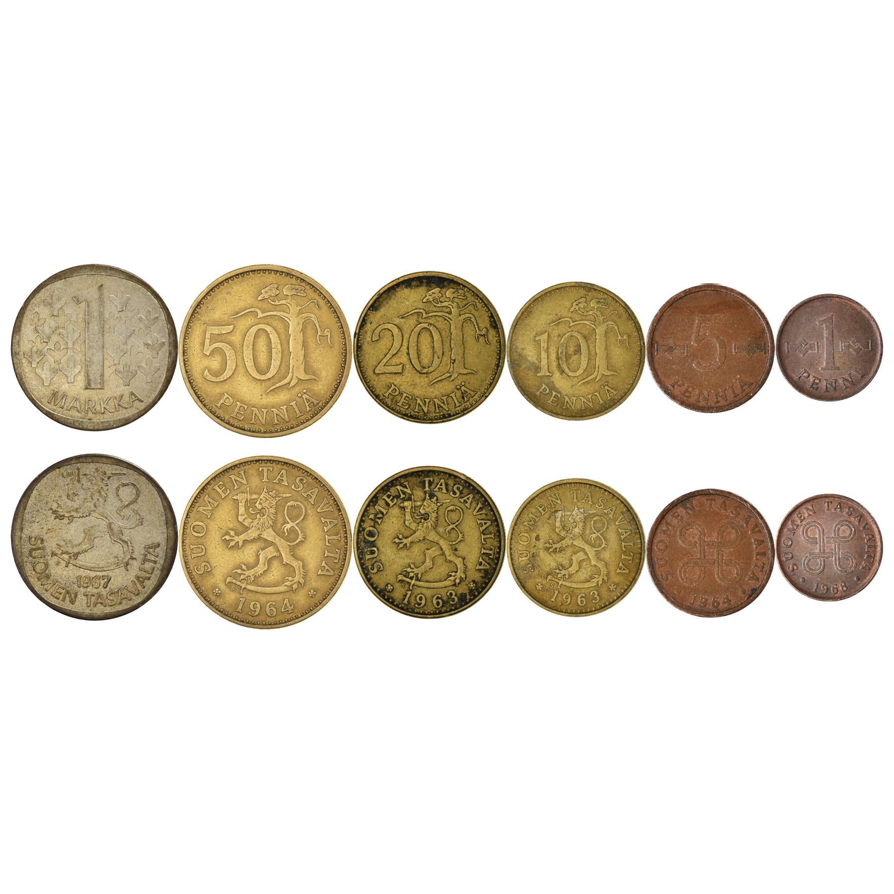 フィンランド 6枚硬貨セット 1 5 10 20 50 ペンニä 1 マルッカ | 木