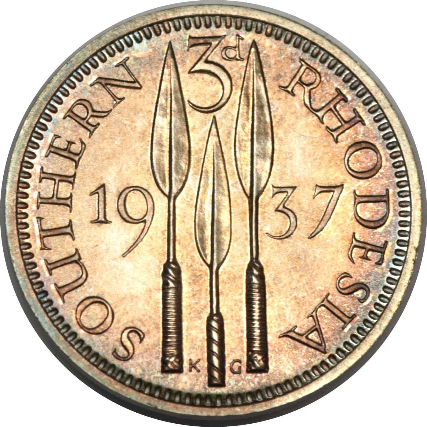 Southern Rhodesia | 3 Pence Coin | George VI | Spearheads | KM:9 | 1937
