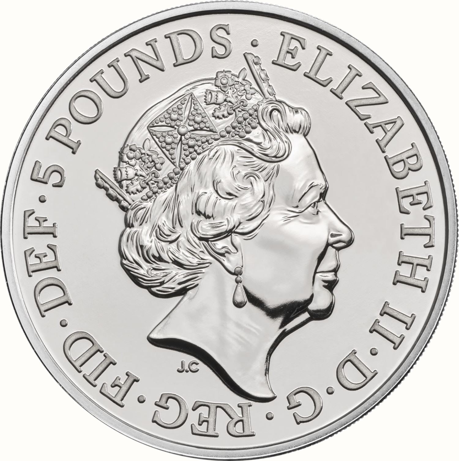 United Kingdom 5 Pounds Coin | Elizabeth II 5th portrait | Black Bull of Clarence | 2018