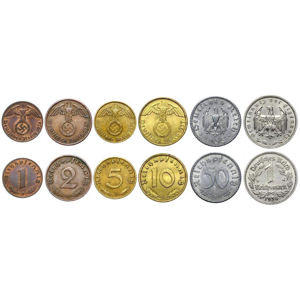 Germany | Third Reich | 6 Coin Set | 1 2 5 10 50 Reichspfennig 1 Reichsmark | 1933 - 1940